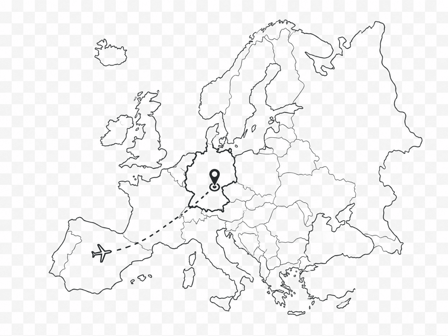 Mapa esquemático de Europa con vuelo a Alemania
